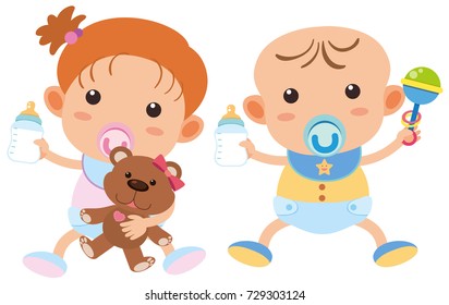 Baby boy and girl with milk bottles illustration