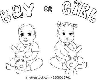 Baby boy and girl outline vector illustration. Hand drawn lettering of words BOY and GIRL. Isolated on white. Cute baby boy and girl with bunny toy. Design for gender party and baby shower.