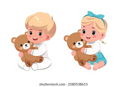 baby boy and girl playing with teddy bear