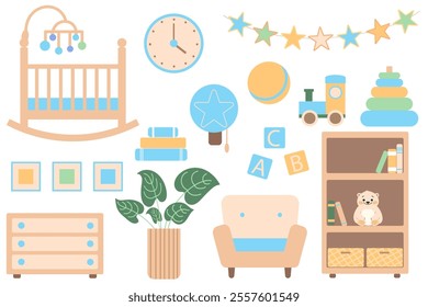 Baby boy, girl room furniture, toys in flat style. Children room interior. Nursery, baby cot, chair, book shelf, clock, flags, plant, toys. Flat Vector illustration. Blue, green, yellow colors