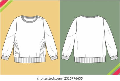 BABY BOY AND GIRL ROUND NECK FULL SLEEVE FRILL POCKET T SHIRT FASHION TECHNICAL FLAT SKETCH TEMPLATE