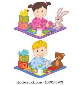 baby boy and girl sit on the carpet with toys  - vector illustration, eps