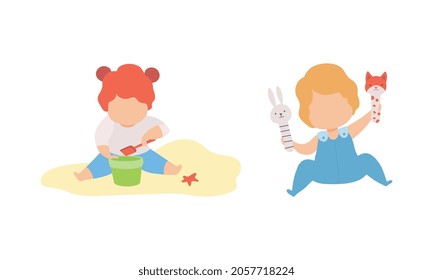 Baby Boy and Girl Sitting on the Floor and Sandpit Playing Toys Vector Set