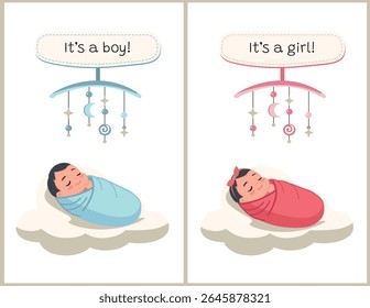 menino e menina dormindo em uma nuvem ilustração vetor de desenhos animados para cartão de boas-vindas de bebê