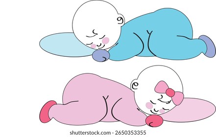 Menino e menina dormindo em seus estômagos vetor sorridente ilustração estilo cartoon