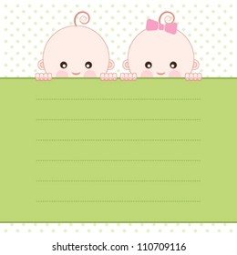 Baby Boy & Girl  Twins Announcement Card. Vector Illustration.