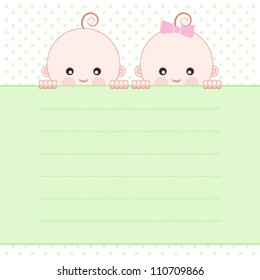 Baby boy & girl twins announcement card. Vector illustration.