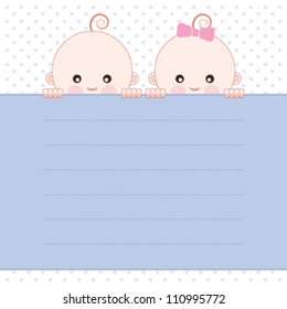 Baby Boy & Girl Twins Announcement Card. Vector Illustration.