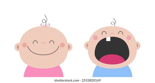 Baby boy girl twins crying smiling emotion. Child toddler icon. Kid infant head with tooth. Cute cartoon character. Invitation, greeting card, poster sticker print. Flat design White background Vector