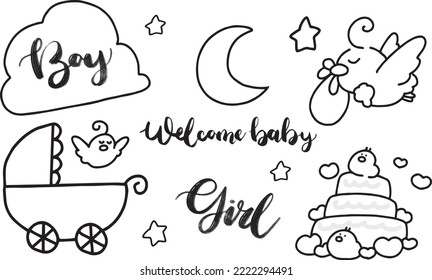 Baby boy and girl vector illustration material set. Hand drawn clouds, birds and cakes. Perfect for baby showers, cards, poster invitations.
