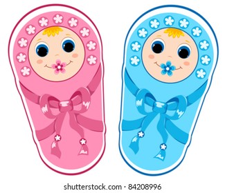 Baby boy and baby girl.Vector illustration. Isolated on white.