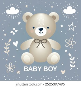 Baby Boy Greeting Card - Cute Teddy Bear. Adorable vector illustration with neutral colors. Welcoming a new baby and celebrating a special moment with charm and warmth