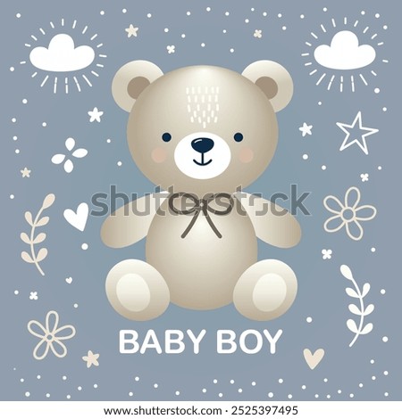Baby Boy Greeting Card - Cute Teddy Bear. Adorable vector illustration with neutral colors. Welcoming a new baby and celebrating a special moment with charm and warmth