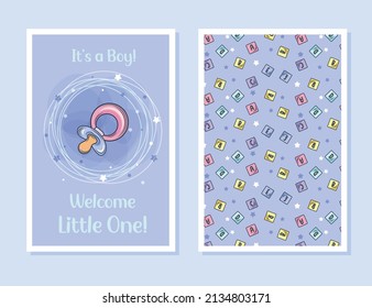 Baby Boy Greeting card for baby shower. Vector template.