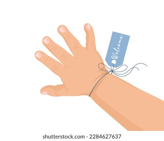 Baby boy hand with blue Welcome tag. Icon, logo, illustration for newborns. Pastel colors, vector