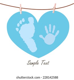 Baby boy hand and foot prints with heart greeting card 