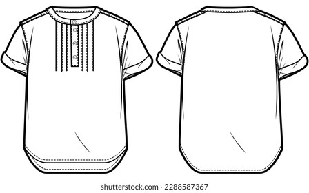 Niño niño Hanley cuello trenzado Shirt diseño de dibujo plano ilustración de moda modelo de vector plantilla con vista frontal y trasera, niños niños pequeños tejidos Cad Shirt dibujo se burlan