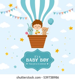 Baby boy, hare and teddy bear fly in a balloon. Baby Shower card. Cute animals and kid fly in the sky.