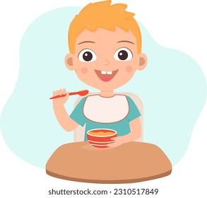 Baby boy has a meal. Cartoon character. Smiling little boy qith a plate of porridg and spoon. Baby food. Flat vector illustration. 