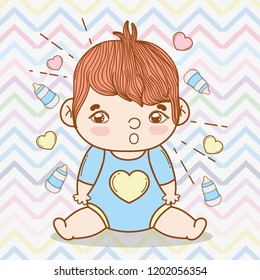 baby boy with hearts and feeding bottles background