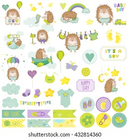 Baby Boy Hedgehog Scrapbook Set. Vector Scrapbooking. Decorative Elements. Tags.  Labels. Stickers. Notes.