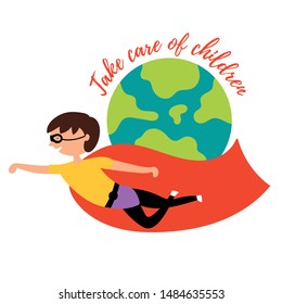 Baby boy  hero flies around planet Earth and protects all children. World Children's Day. EPS 10 vector editable illustration