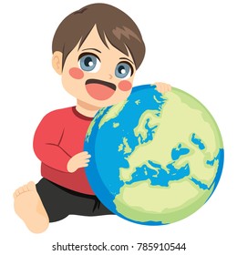 Baby boy holding Earth globe love environment ecology concept