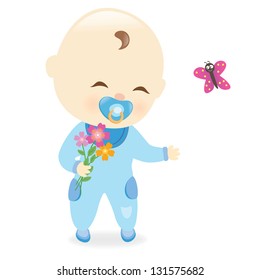 Baby boy holding flowers