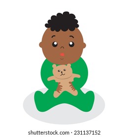 A baby boy holding a teddy bear, vector illustration