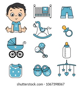 baby boy and baby icons. Accessories, clothes and toys