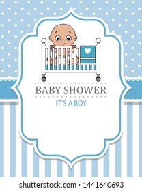 baby boy inside the crib. baby boy shower card. space for text
