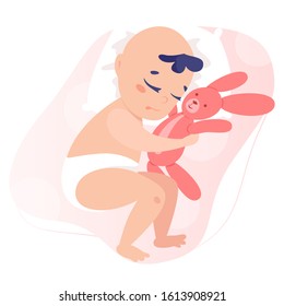 Baby boy isolated vector illustration. Beautiful baby in diaper sleeping and holding a stuffed toy. Little cute child hugging toy.