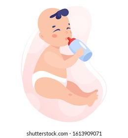 Baby boy isolated vector illustration. Beautiful baby in diaper holding a baby bottle and drinkinf milk.