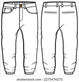 Niño niño Jogger diseño de pantalones de pantalones planos dibujo de moda ilustración de vector plantilla con vista frontal y trasera, niño pequeño Casual chino jogger pantalones abajo cad dibujo se burlan