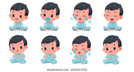 conjunto de ilustração de vetor de expressão infantil para bebê menino