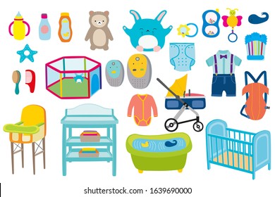 Baby boy kid kit vector illustration. Babies toys, clothes and bath newborn care collection. Babyboy feed, play, dress and carriage cartoon items set flat style on white background.