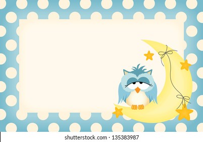 Baby boy label with owl dozing on the moon