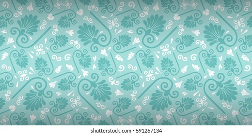 Baby boy light blue decorative seamless pattern in grape leaves style. Retro tracery. Intricate mosaic repeatable backdrop.