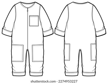 Baby boy Long sleeve boiler suit rompers design flat sketch fashion illustration drawing template mock up with front and back view. Toddler baby boy and  girl  Onesies bodysuit T shirt cad drawing