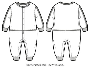 Baby boy Long sleeve sleep suit rompers design flat sketch fashion illustration drawing template mock up with front and back view. Toddler baby boy and  girl  Onesies bodysuit T shirt cad drawing