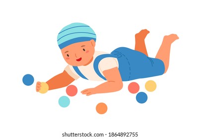 Baby boy lying and playing with colorful bright balls. Cute toddler having fun with toys. Scene of childish game or activity. Flat vector cartoon illustration isolated on white background