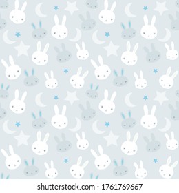 Baby Boy Nursery Seamless Pattern With White Bunnies And Cute Rabbits And Stars On Light Blue Background.