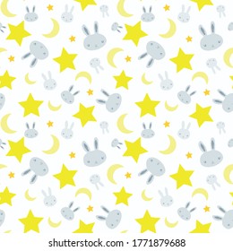Baby boy nursery seamless pattern with blue bunnies, cute rabbits, stars and moon on white background. Perfect for fabric, textile, nursery decoration, baby shower. Surface pattern design.