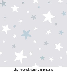 Baby boy nursery seamless pattern with blue stars on gray background. Perfect for fabric, textile, nursery decoration, baby shower, Christmas rapping. Surface pattern design.