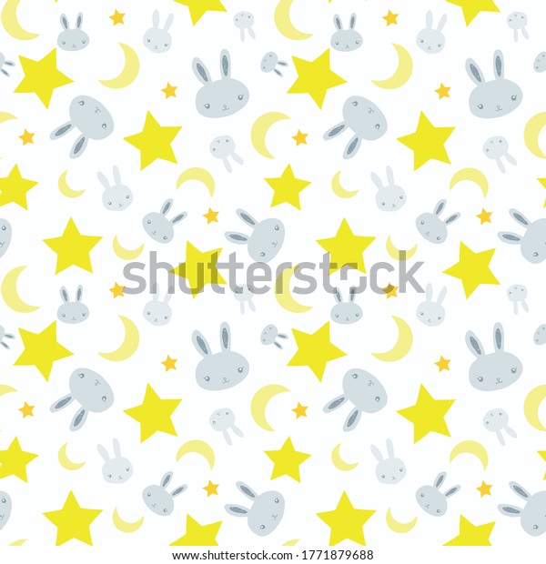 Baby boy\
nursery seamless pattern with blue bunnies, cute rabbits, stars and\
moon on white background. Perfect for fabric, textile, nursery\
decoration, baby shower. Surface pattern\
design.