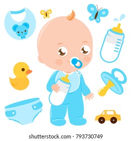 Baby boy and baby objects collection. Vector illustration set