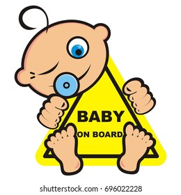 baby boy on board, little boy with yellow triangle banner, vector icon