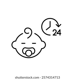 Baby boy with pacifier and 24 7 care symbol. Round the clock infant nursery and assistance. Pixel perfect vector icon