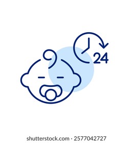 Baby boy with pacifier and 24 7 care symbol. Round the clock infant nursery and assistance. Pixel perfect, editable stroke icon