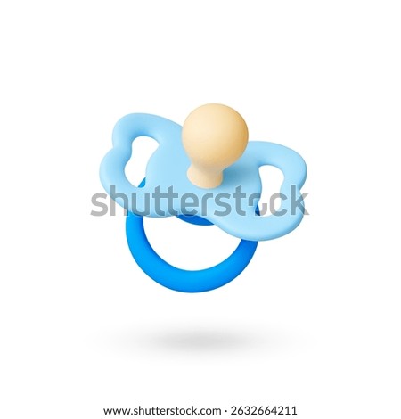 Baby boy pacifier 3d icon. Isolated realistic blue silicone nipple with plastic elements. Newborn accessory to calm, toddler soother rendering vector design